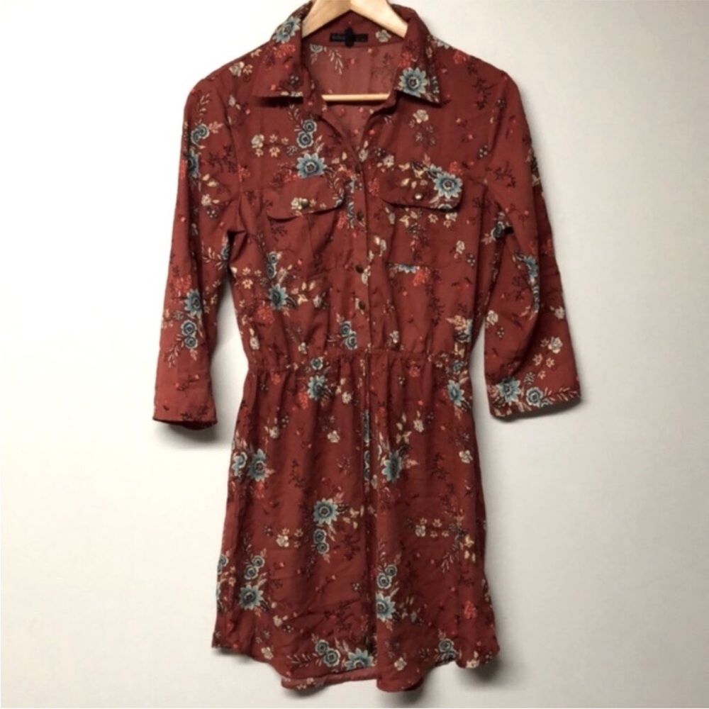 BeBop Rust Floral Midi Dress with Blue Accents